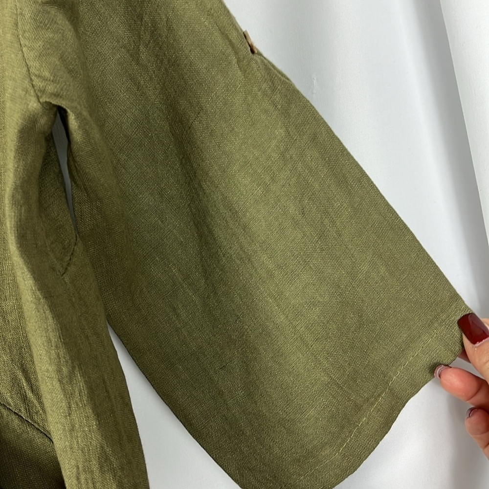 NWT Elena Baldi dress midi linen pockets roll tab sleeves Army Green Sz L - Picture 7 of 10